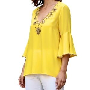 Pradise Top Neck Beaded 3/4 Bell Sleeve Blouse Bright Yellow Cover Up Sz L